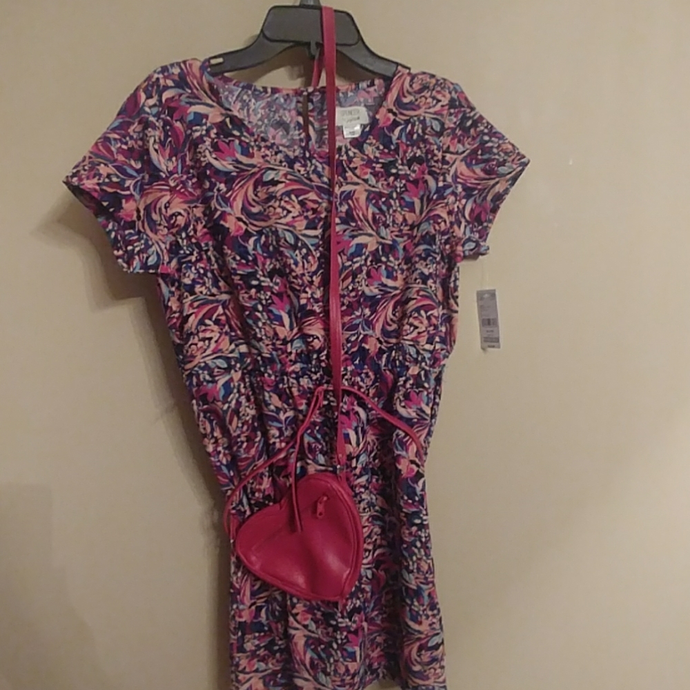 Girls size XL, Multicolored Dress with Heart Purse